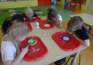 Dzieci siedzą przy stoliku w rękach trzymają lupę i oglądają przez nią suche drożdże wysypane na talerzykach.